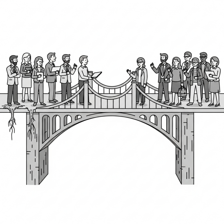 Two groups of business people meet on a bridge, one side of which is crumbling