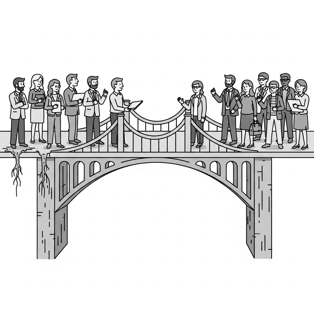 Two groups of business people meet on a bridge, one side of which is crumbling