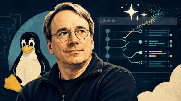 Editorial illustration of Linus Torvalds beside the Linux penguin, with code review branches and an AI motif.