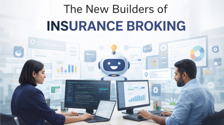 The New Builders of Insurance Broking: two professionals building tools alongside an AI assistant and dashboards.